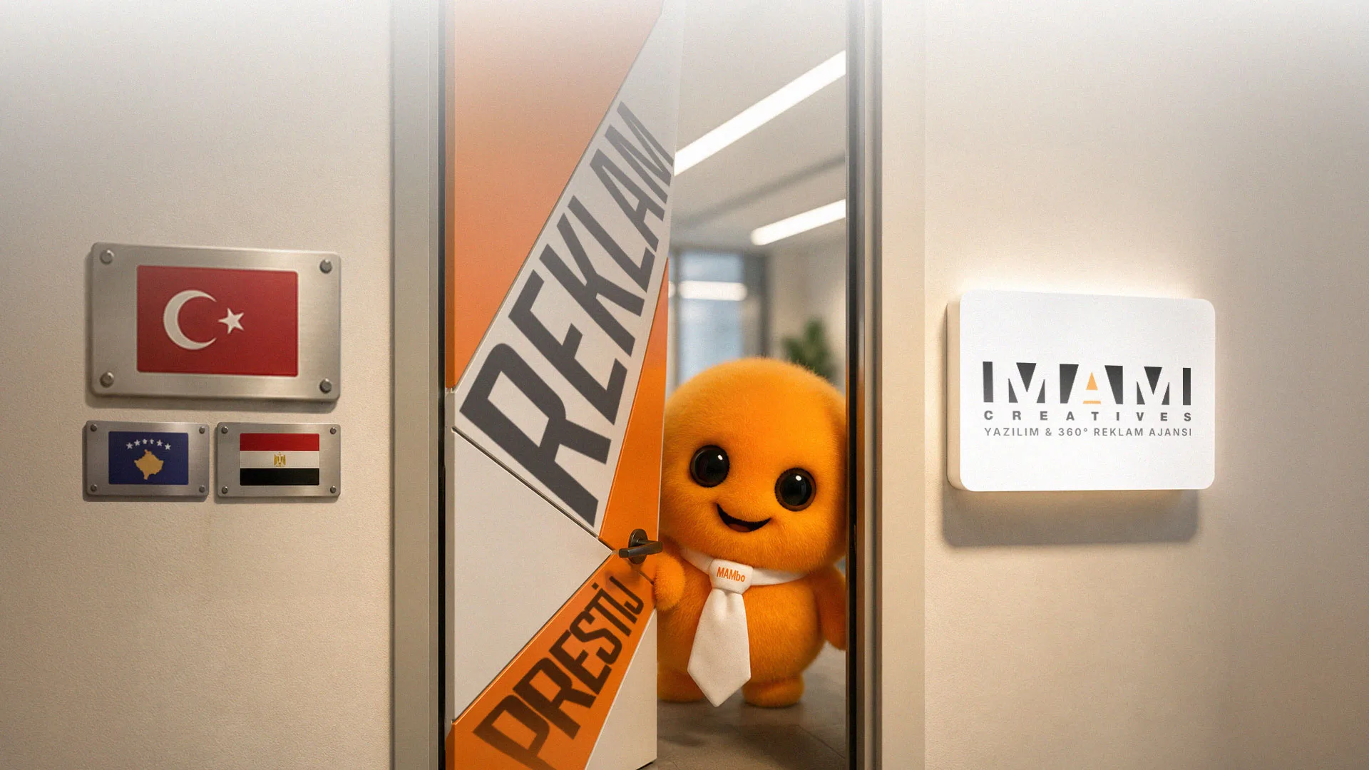 MAM Creatives ofis girişinde, reklam temalı kapıdan bakan MAMbo maskotu
